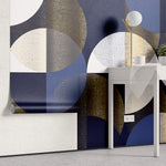 Tapet personalizat art deco cu cercuri in nuante aurii bleumarin si alb golden art print