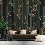 Tapet personalizat art deco cu insertii aurii pe un fundal verde inchis manami