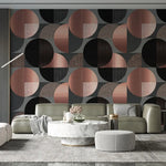 Tapet personalizat art deco de inspiratie bauhaus cu cercuri geometrice in nuante rose gold si negru rose gold bauhaus