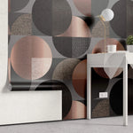 Tapet personalizat art deco de inspiratie bauhaus cu cercuri geometrice in nuante rose gold si negru rose gold bauhaus