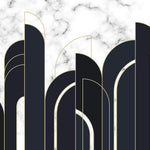 Tapet personalizat art deco cu marmura alba si neagra incadrata in arcade aurii in stil art deco golden black&white marble