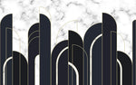 Tapet personalizat art deco cu marmura alba si neagra incadrata in arcade aurii in stil art deco golden black&white marble