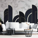 Tapet personalizat art deco cu marmura alba si neagra incadrata in arcade aurii in stil art deco golden black&white marble