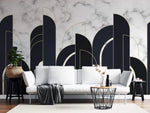 Tapet personalizat art deco cu marmura alba si neagra incadrata in arcade aurii in stil art deco golden black&white marble