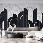 Tapet personalizat art deco cu marmura alba si neagra incadrata in arcade aurii in stil art deco golden black&white marble