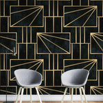 Tapet personalizat art deco cu forme geometrice aurii intr un fundal verde alpin gold pine