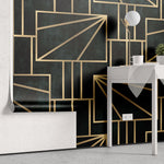 Tapet personalizat art deco cu forme geometrice aurii intr un fundal verde alpin gold pine