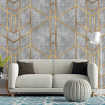 Tapet personalizat art deco cu forme geometrice aurii pe un fundal cimentat golden concrete