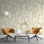 Tapet personalizat art deco cu arcade aurii pe fundal alb texturat in stil art deco golden arches