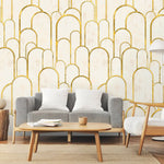 Tapet personalizat art deco cu arcade aurii pe fundal alb texturat in stil art deco golden arches