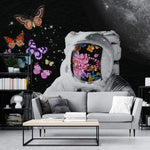 Tapet personalizat eclectic cu astronaut si fluturi colorati in spatiu space butterflies