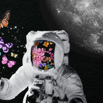 Tapet personalizat eclectic cu astronaut si fluturi colorati in spatiu space butterflies