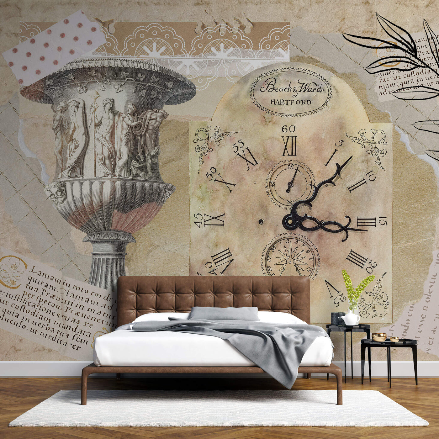 fototapet-personalizat-eclectic-cu-un-colaj-in-stil-englezesc-presarat-cu-elemente-specifice:-ceas-de-epoca-sculpturi-dantela-si-texte-in-latina-eclectic-clock