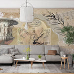 Tapet personalizat eclectic cu un colaj in stil englezesc presarat cu elemente specifice: ceas de epoca sculpturi dantela si texte in latina eclectic clock