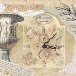 Tapet personalizat eclectic cu un colaj in stil englezesc presarat cu elemente specifice: ceas de epoca sculpturi dantela si texte in latina eclectic clock