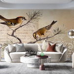 Tapet personalizat eclectic cu design inedit in nuante pamantii ce ilustreaza o scrisoare veche cu sigiliu sub o ramura de conifer plina cu pasari postcard