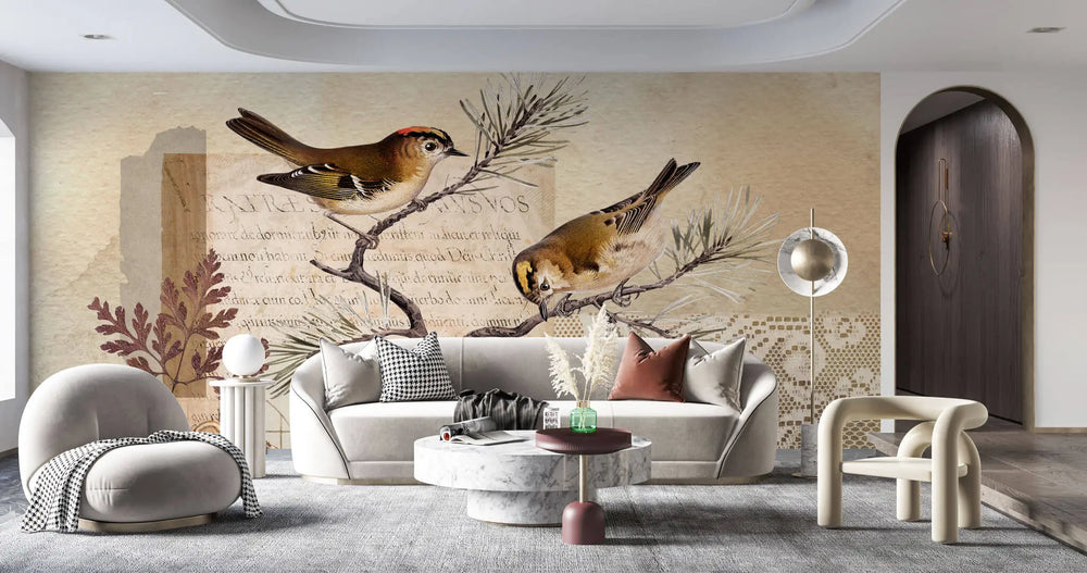 Tapet personalizat eclectic cu design inedit in nuante pamantii ce ilustreaza o scrisoare veche cu sigiliu sub o ramura de conifer plina cu pasari postcard