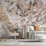 Tapet personalizat eclectic cu flori pe fundal alb si perete din caramida eclectic brick flowers