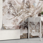 Tapet personalizat eclectic cu flori pe fundal alb si perete din caramida eclectic brick flowers