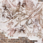 Tapet personalizat eclectic cu flori pe fundal alb si perete din caramida eclectic brick flowers