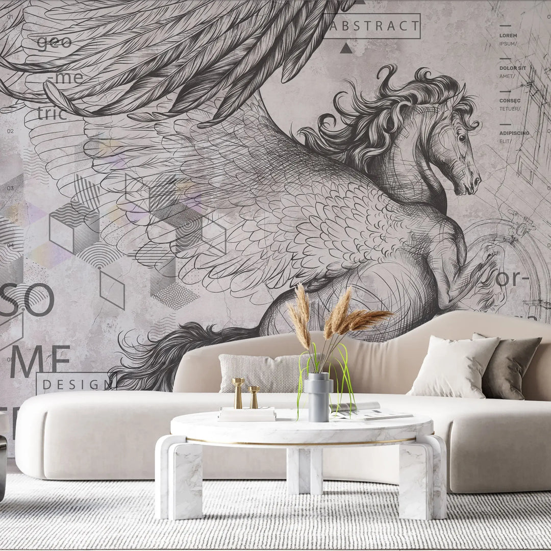 Tapet personalizat eclectic cu cal cu aripi si elemente de inspiratie eclectica in nuante deschise eclectic horse light