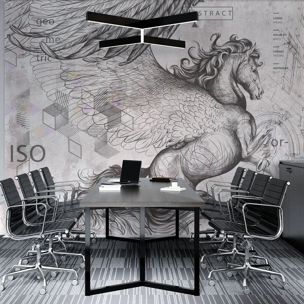 Tapet personalizat eclectic cu cal cu aripi si elemente de inspiratie eclectica in nuante deschise eclectic horse light