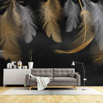 Tapet personalizat fine art cu pene gri si aurii pe fundal inchis refined feather
