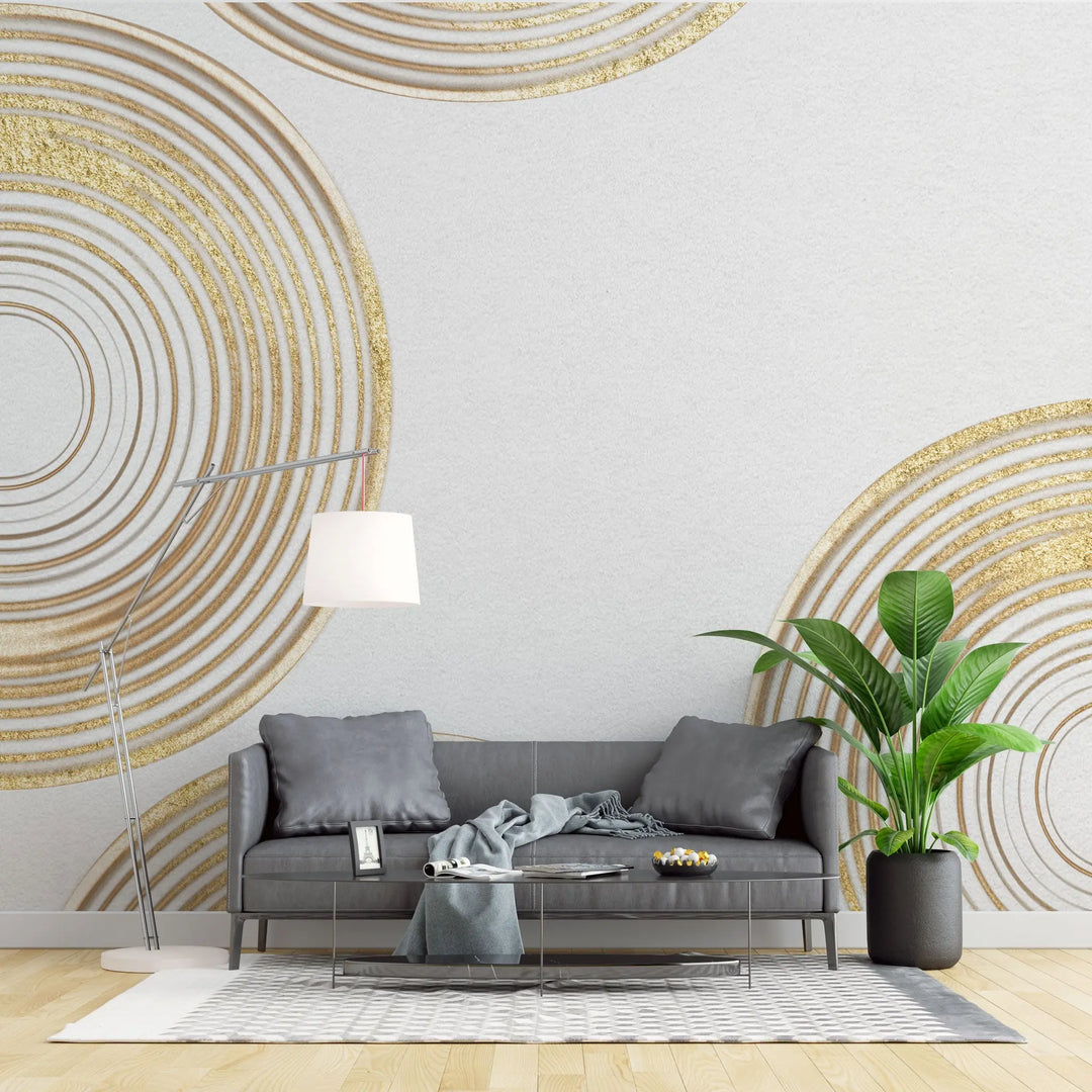 Tapet personalizat fine art cu cercuri aurii texturate pe un fundal alb sand circles