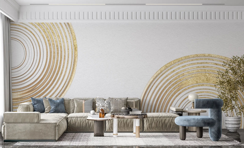Tapet personalizat fine art cu cercuri aurii texturate pe un fundal alb sand circles