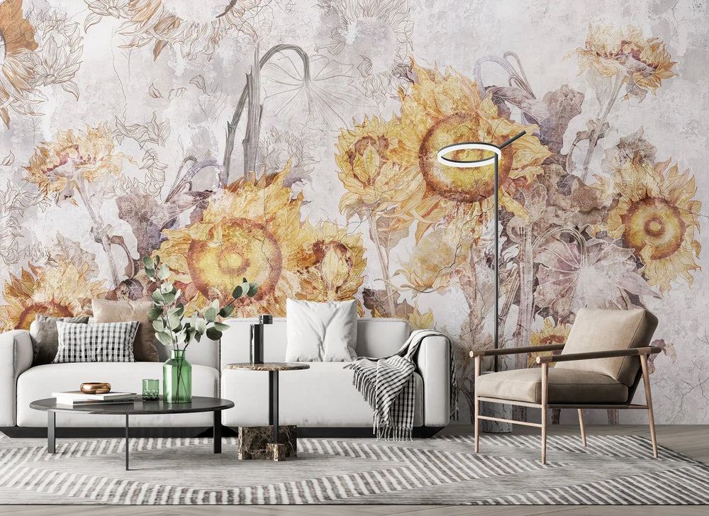 Tapet personalizat fine art cu floarea soarelui inflorita pe un fundal deschis sunflowers