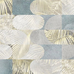 Tapet personalizat fine art cu frunze tropicale in nuante de alb auriu si albastru deschis tropical leaves blend