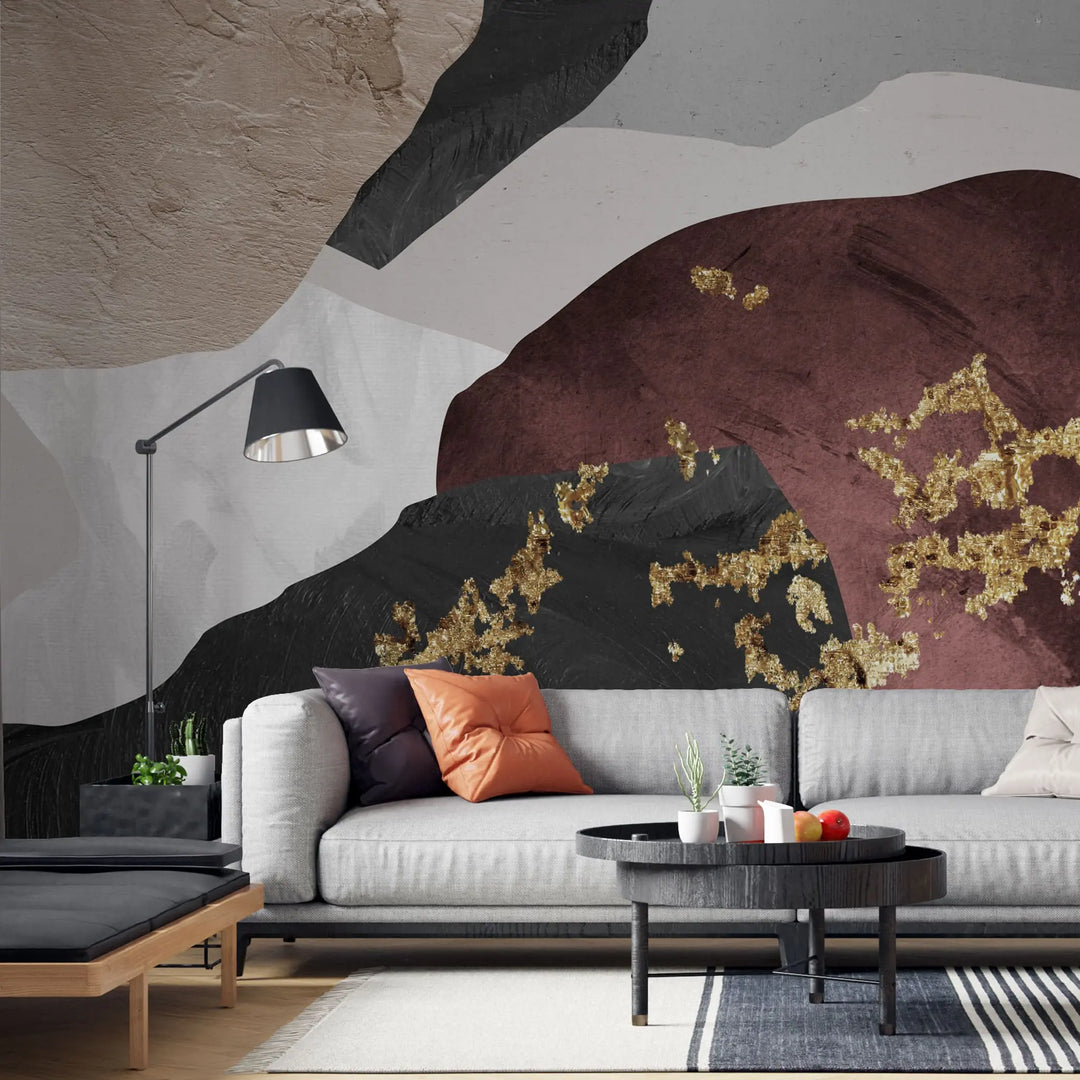 Tapet personalizat fine art cu pete acrilice de culoare si insertii aurii acrylic gold