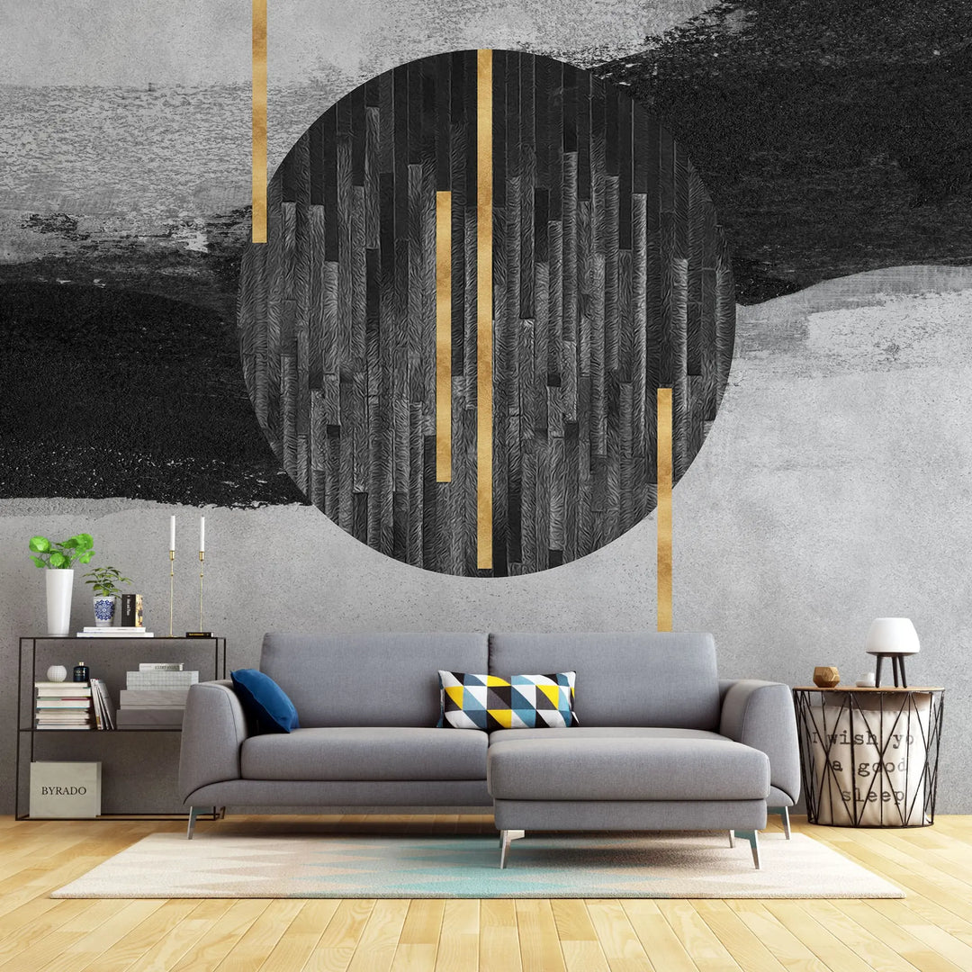 Tapet personalizat fine art texturat cu dungi negre si aurii pe un fundal monocrom iceland