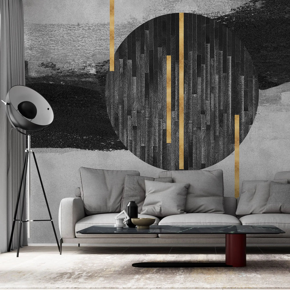 Tapet personalizat fine art texturat cu dungi negre si aurii pe un fundal monocrom iceland