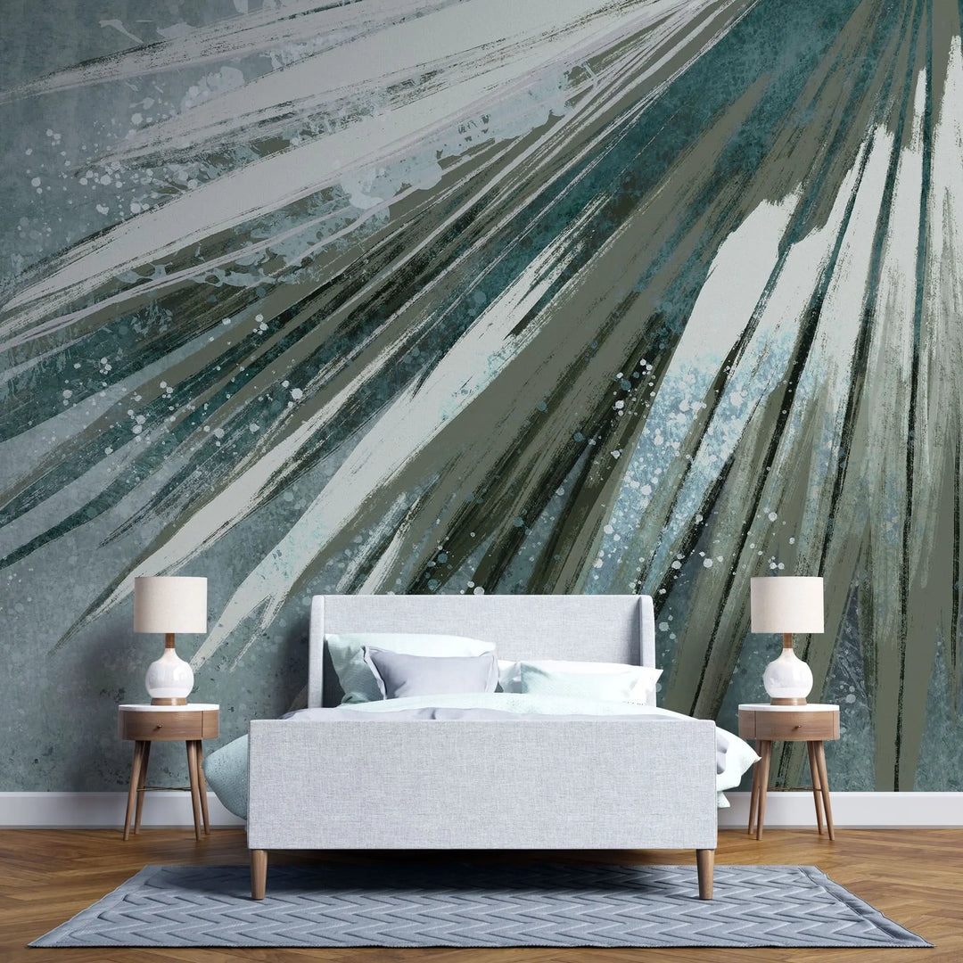 Tapet personalizat fine art cu frunza de palmier pictata artistic in nuante de verde artistic palm leaf
