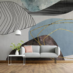 Tapet personalizat fine art cu frunze artistice in nuante de albastru si insertii aurii artsy leaves