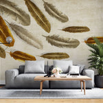 Tapet personalizat fine art cu pene de arama si alama pe fundal deschis brass feathers