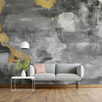 Tapet personalizat fine art cu textura de perete pictat in stil watercolor in nuante gri si insertii aurii watercolor gray splash