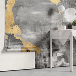 Tapet personalizat fine art cu textura de perete pictat in stil watercolor in nuante gri si insertii aurii watercolor gray splash