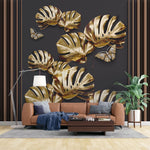 Tapet personalizat fine art cu frunze aurii de monstera pe un fundal negru brass monstera
