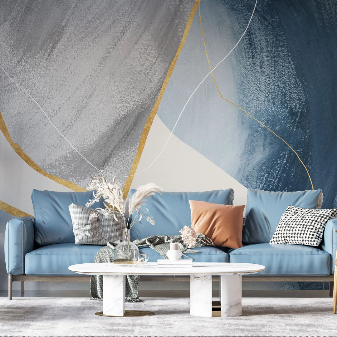 Tapet personalizat fine art cu pictura abstracta in nuante de albastru gri si detalii aurii blue dream