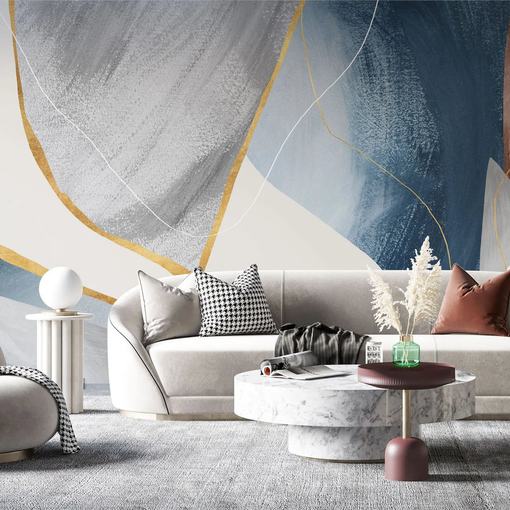 Tapet personalizat fine art cu pictura abstracta in nuante de albastru gri si detalii aurii blue dream