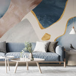 Tapet personalizat fine art cu pictura abstracta in nuante de albastru roz gri si detalii aurii pink dream