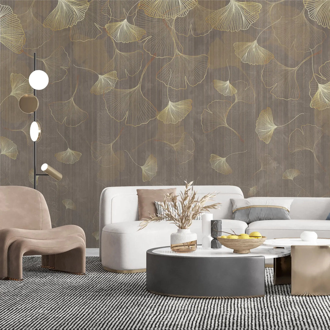 Tapet personalizat fine art cu frunze aurii de ginko biloba pe un fundal maro brown ginko biloba