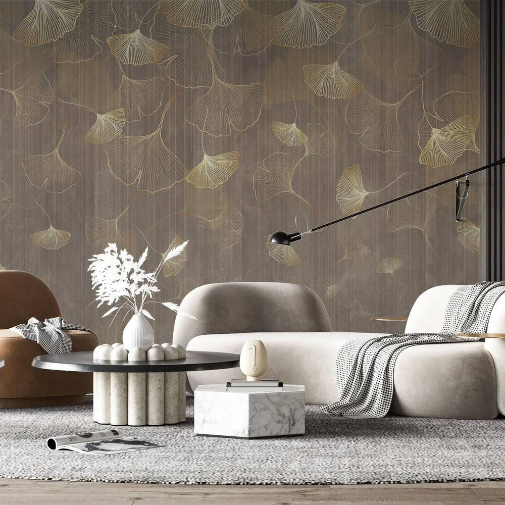 Tapet personalizat fine art cu frunze aurii de ginko biloba pe un fundal maro brown ginko biloba
