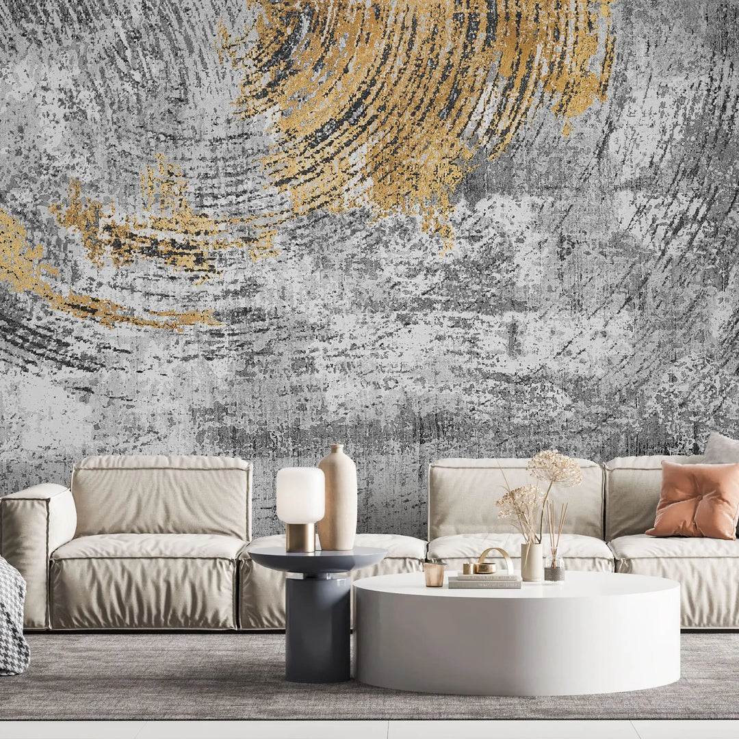 Tapet personalizat fine art cu cercuri aurii texturate pe un fundal gri beton concrete circles