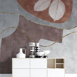 Tapet personalizat fine art cu forme abstracte frunze si linii aurii scarlet leaf