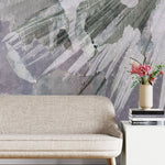 Tapet personalizat fine art cu frunza de palmier pictata artistic in nuante de verde si mov vintage artsy palm