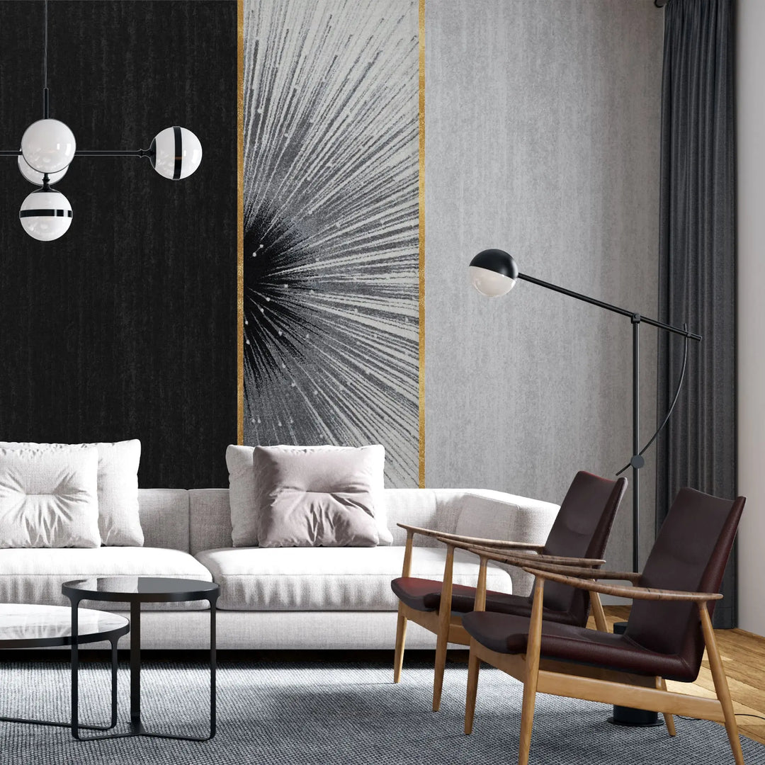 Tapet personalizat fine art cu elemente artistice abstracte in nuante de negru si detalii aurii black radius