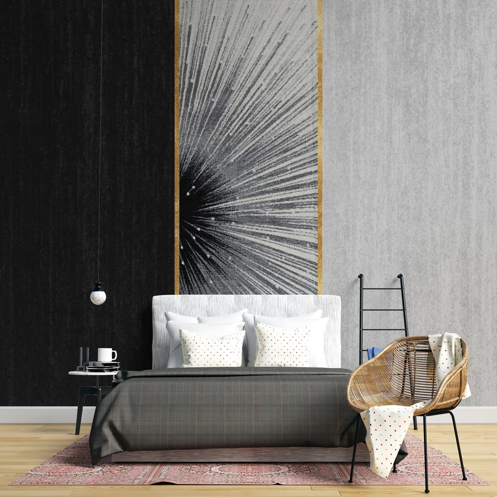 Tapet personalizat fine art cu elemente artistice abstracte in nuante de negru si detalii aurii black radius